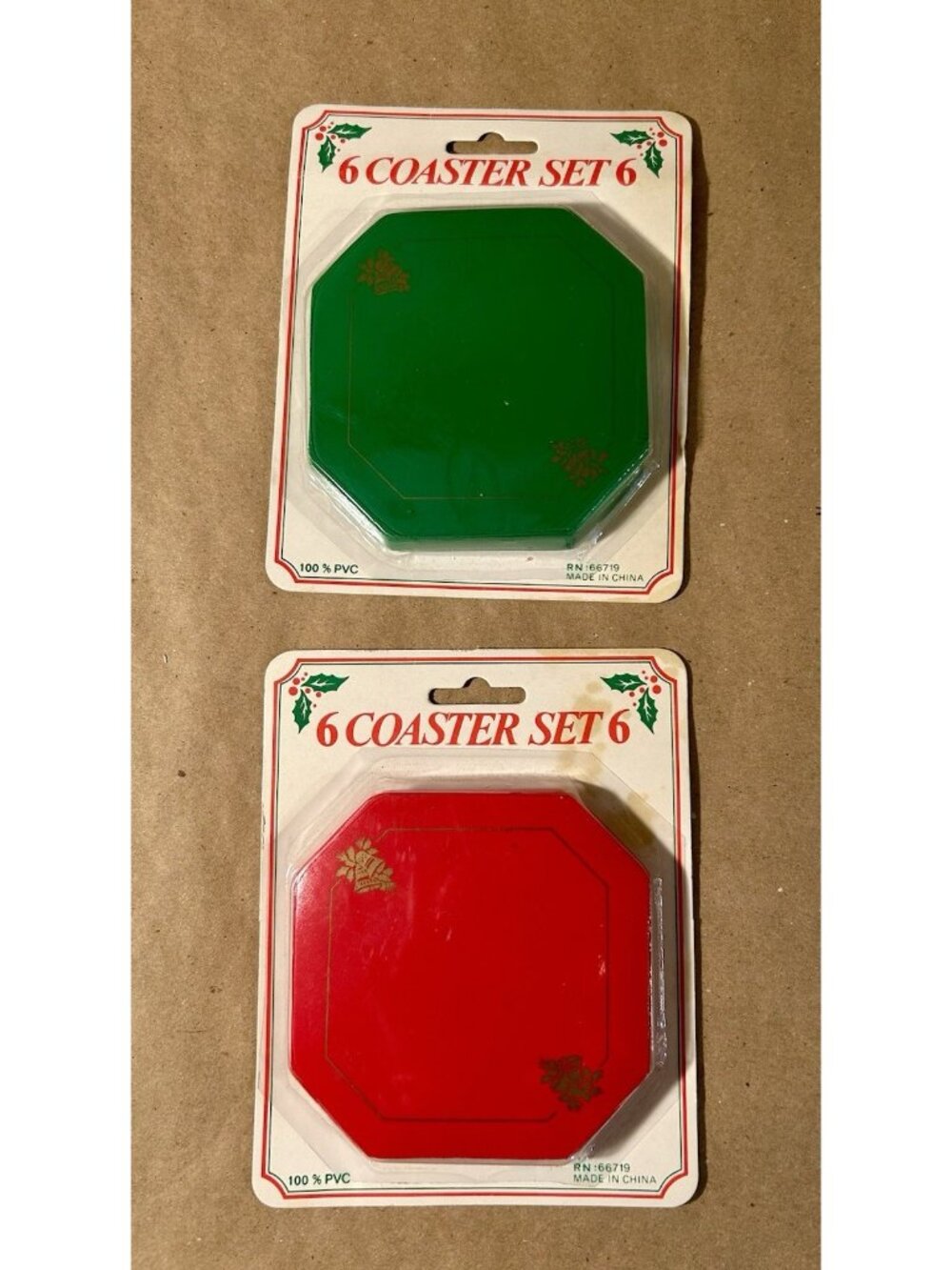 Vintage Christmas Red & Green Reusable PVC Drink Coasters- 2 Sets of 6- New